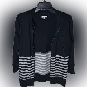 Caslon Women's Black and Gray Striped 3/4 sleeve full zip hoodie.  Women’s Small